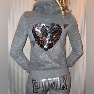 Victoria’s Secret grey sparkle sequins zip hoodie and pants set heart arrow M/L